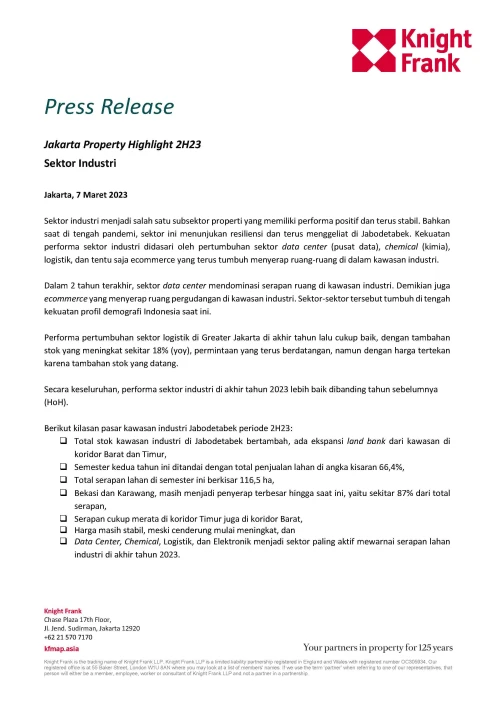Rilis Pers - Jakarta Property Highlight 2H23 Sektor Industri | KF Map – 印度尼西亚房地产和基础设施的数字地图