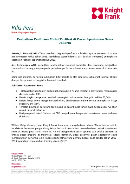 Rilis Pers - Perbaikan Performa di Pasar Apartemen Sewa Jakarta | KF Map – 印度尼西亚房地产和基础设施的数字地图