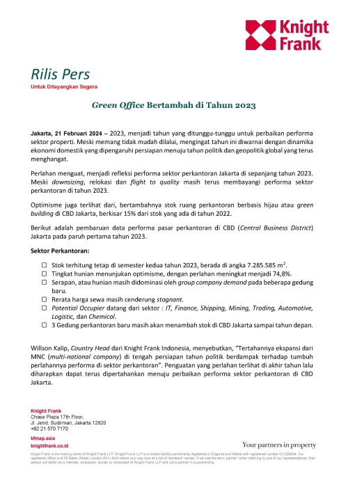 Rilis Pers - Green Office Bertambah di Tahun 2023 | KF Map – 印度尼西亚房地产和基础设施的数字地图