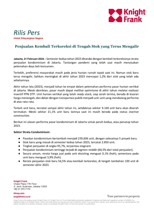 Rilis Pers - Penjualan Kembali Terkoreksi di tengah Stok yang Terus Mengalir | KF Map – 印度尼西亚房地产和基础设施的数字地图