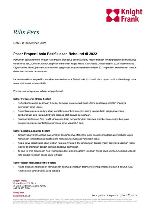 Rilis Pers - Pasar Properti Asia Pasifik akan Rebound di 2022 | KF Map – 印度尼西亚房地产和基础设施的数字地图