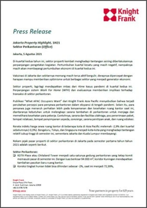 Rilis Pers - Jakarta Property Highlight 1H 2021 Sektor Perkantoran (Office) | KF Map – 印度尼西亚房地产和基础设施的数字地图