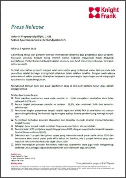 Rilis Pers - Jakarta Property Highlight 1H 2021 Sektor Apartemen Sewa (Rental Apartment) | KF Map – 印度尼西亚房地产和基础设施的数字地图