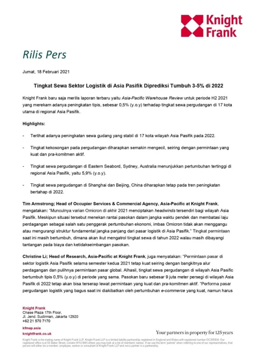 Rilis Pers - Tingkat Sewa Sektor Logistik di Asia Pasifik Diprediksi Tumbuh 3-5% di 2022 | KF Map – 印度尼西亚房地产和基础设施的数字地图