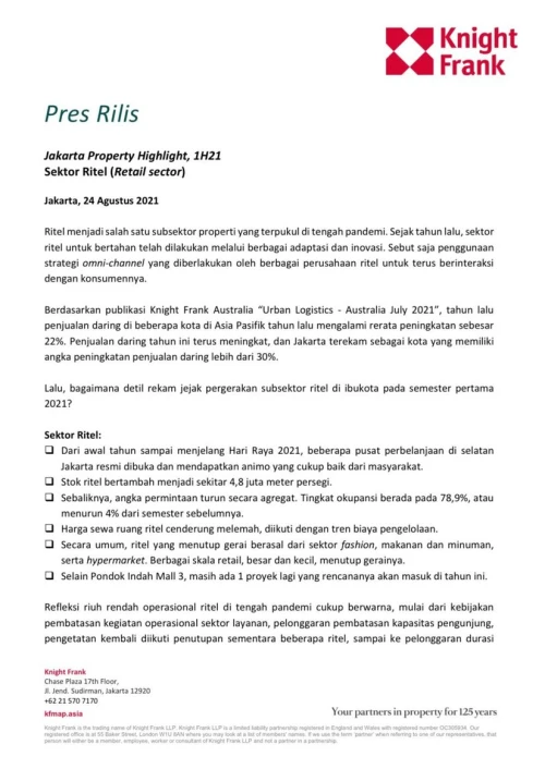 Rilis Pers - Jakarta Property Highlight 1H 2021 Sektor Retail | KF Map – 印度尼西亚房地产和基础设施的数字地图
