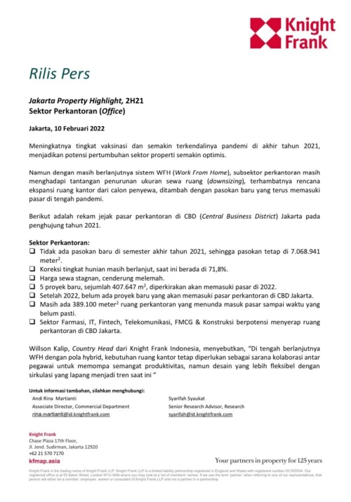Rilis Pers - Jakarta Property Highlight H2 2021 Sektor Perkantoran (Office) | KF Map – 印度尼西亚房地产和基础设施的数字地图