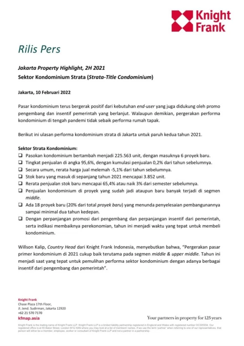 Rilis Pers - Jakarta Property Highlight H2 2021 Sektor Kondominium Strata (Strata-Title Condominium) | KF Map – 印度尼西亚房地产和基础设施的数字地图