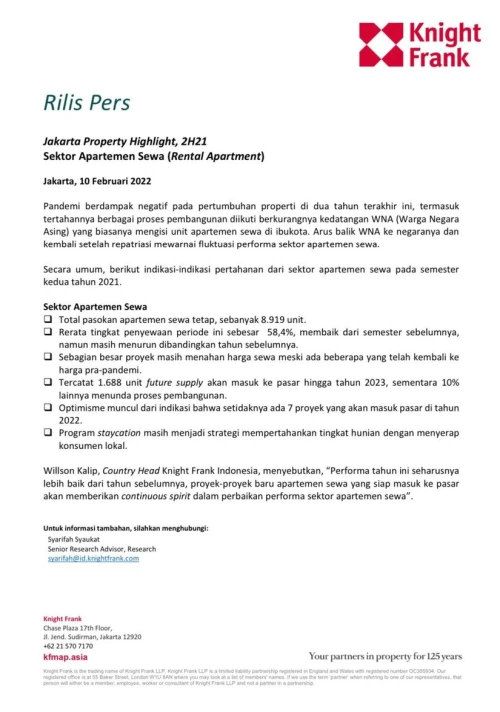 Rilis Pers - Jakarta Property Highlight H2 2021 Sektor Apartemen Sewa (Rental Apartment) | KF Map – 印度尼西亚房地产和基础设施的数字地图