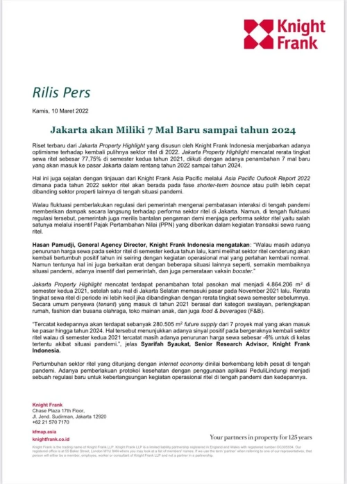 Rilis Pers - Jakarta Akan Miliki 7 Mal Baru Sampai Tahun 2024 | KF Map – 印度尼西亚房地产和基础设施的数字地图