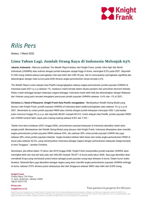 Rilis Pers - Lima Tahun Lagi Jumlah Orang Kaya Meningkat | KF Map – 印度尼西亚房地产和基础设施的数字地图