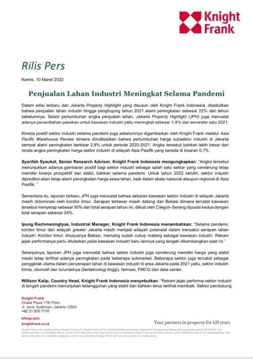 Rilis Pers - Penjualan Lahan Industri Meningkat Selama Pandemi | KF Map – 印度尼西亚房地产和基础设施的数字地图