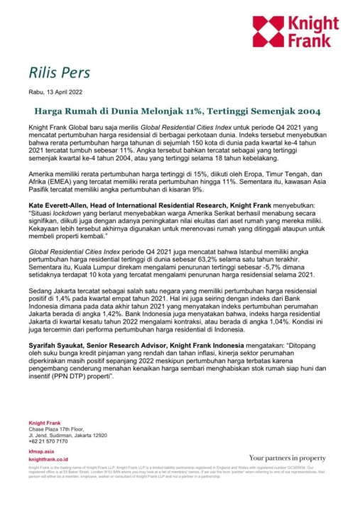 Rilis Pers - Harga Rumah di Dunia Melonjak 11%, Tertinggi Semenjak 2004 | KF Map – 印度尼西亚房地产和基础设施的数字地图