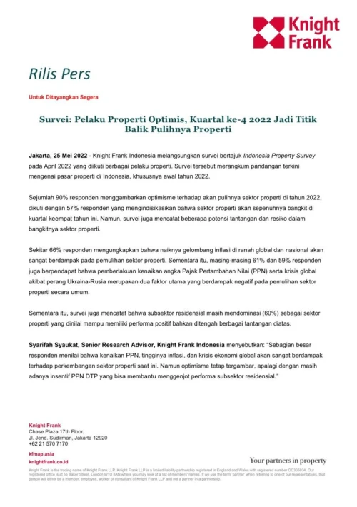 Rilis Pers - Pelaku Properti Optimis, Kuartal ke-4 2022 Jadi Titik Balik Pulihnya Properti | KF Map – 印度尼西亚房地产和基础设施的数字地图