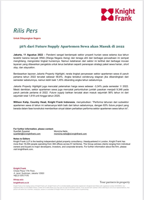Rilis Pers - 56% dari Future Supply Apartemen Sewa akan Masuk di 2022 | KF Map – 印度尼西亚房地产和基础设施的数字地图