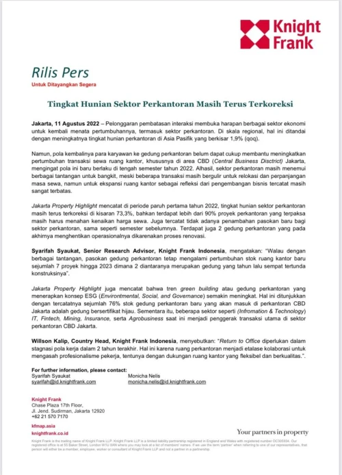 Rilis Pers - Tingkat Hunian Sektor Perkantoran Masih Terus Terkoreksi | KF Map – 印度尼西亚房地产和基础设施的数字地图