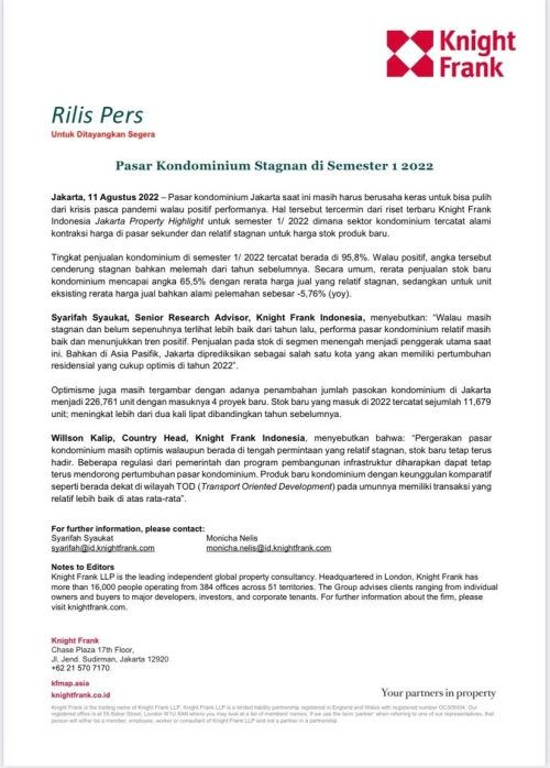Rilis Pers - Pasar Kondominium Stagnan di Semester 1 2022 | KF Map – 印度尼西亚房地产和基础设施的数字地图