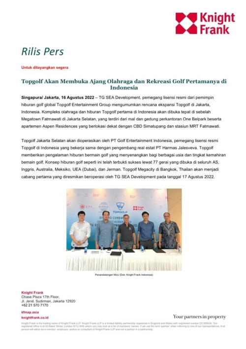 Rilis Pers - Topgolf Akan Membuka Ajang Olahraga dan Rekreasi Golf Pertamanya di  Indonesia | KF Map – 印度尼西亚房地产和基础设施的数字地图