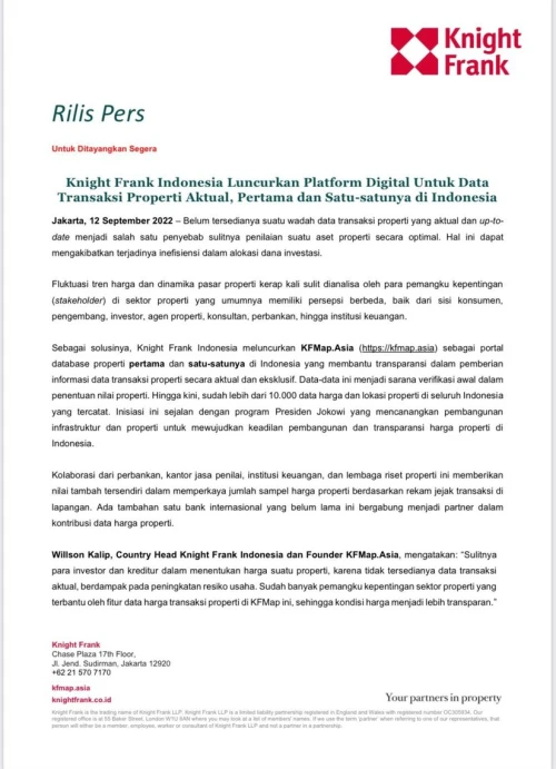 Rilis Pers - Knight Frank Indonesia Luncurkan Platform Digital Untuk Data Transaksi Properti Aktual | KF Map – 印度尼西亚房地产和基础设施的数字地图