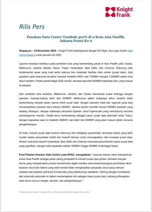 Rilis Pers - Pasokan Data Center Tumbuh 300% di 9 Kota Asia Pasifik,  Jakarta Posisi Kedua | KF Map – 印度尼西亚房地产和基础设施的数字地图