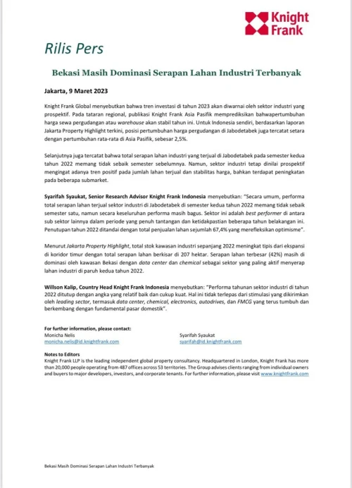 Rilis Pers - Bekasi Masih Dominasi Serapan Lahan Industri Terbanyak | KF Map – 印度尼西亚房地产和基础设施的数字地图