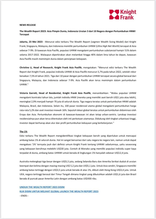 Rilis Pers - Asia Pimpin Dunia, Indonesia Urutan 3 dari 10 Negara dengan Pertumbuhan HNWI Tercepat | KF Map – 印度尼西亚房地产和基础设施的数字地图