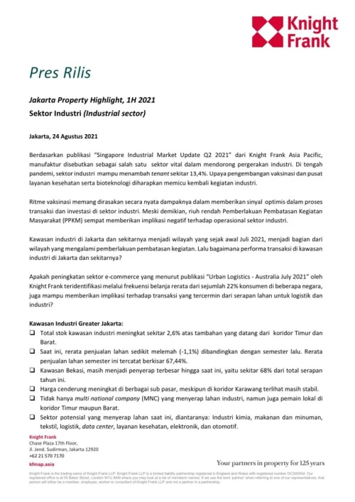Rilis Pers - Jakarta Property Highlight 1H 2021 Sektor Industri | KF Map – 印度尼西亚房地产和基础设施的数字地图