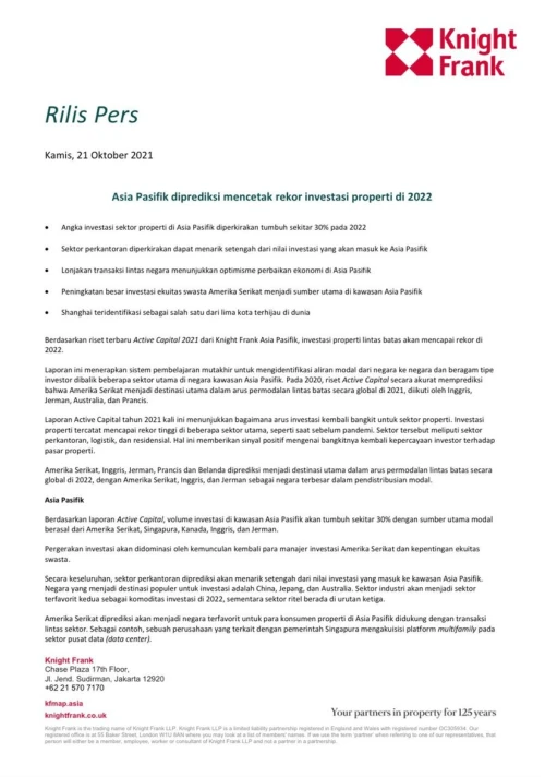 Rilis Pers - Asia Pasifik diprediksi mencetak rekor investasi properti di 2022 | KF Map – 印度尼西亚房地产和基础设施的数字地图