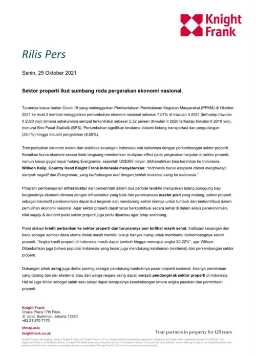 Rilis Pers - Sektor properti Ikut sumbang roda pergerakan ekonomi nasional | KF Map – 印度尼西亚房地产和基础设施的数字地图