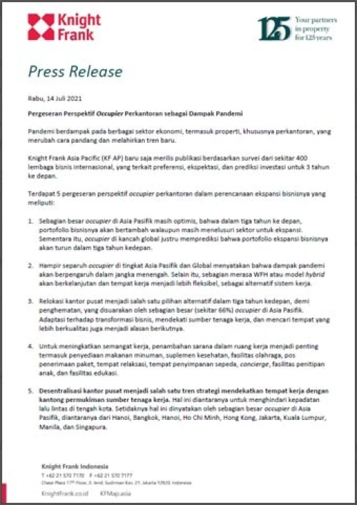 Rilis Pres - Pergeseran Occupier Di Masa Pandemi | KF Map – 印度尼西亚房地产和基础设施的数字地图